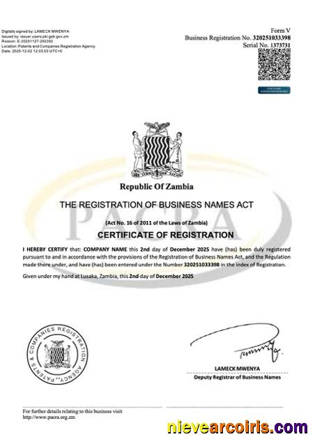 Zambia certificate of business name registration